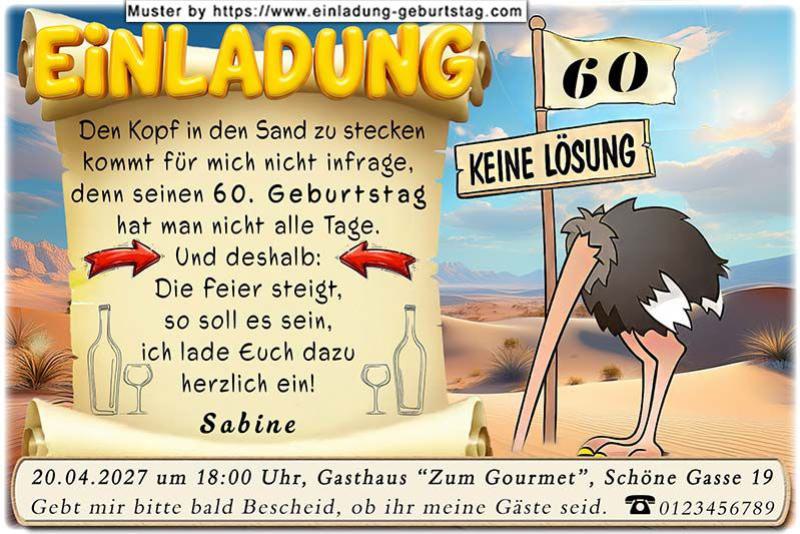 Lustige Einladungskarte zum Geburtstag mit Cartoon eines Vogel Strauß, der den Kopf in den Sand steckt