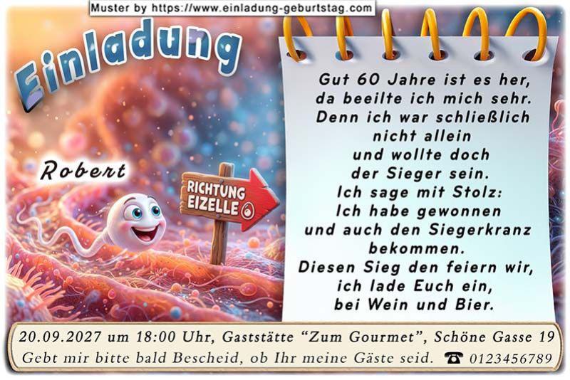 Lustige Einladungskarte zum Geburtstag mit Cartoon eines Spermiums auf dem Weg zur Eizelle