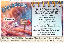 Lustige Einladungskarte zum Geburtstag mit Cartoon eines Spermiums auf dem Weg zur Eizelle