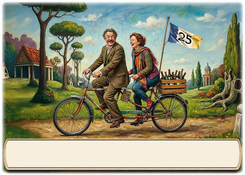 Tischkarte Silberhochzeit - das Paar auf dem Tandem mit Textfeld für den Namen des Gastes