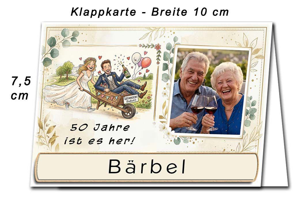 Die Tischkarte zur Goldenen Hochzeit als kleine Klappkarte mit Ihrem Foto und einem lustigen Bild