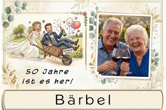 Die Tischkarte zur Goldenen Hochzeit als kleine Klappkarte mit Ihrem Foto und einem lustigen Bild