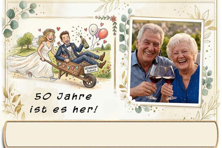 Die Tischkarte zur Goldenen Hochzeit als kleine Klappkarte mit Ihrem Foto und einem lustigen Bild