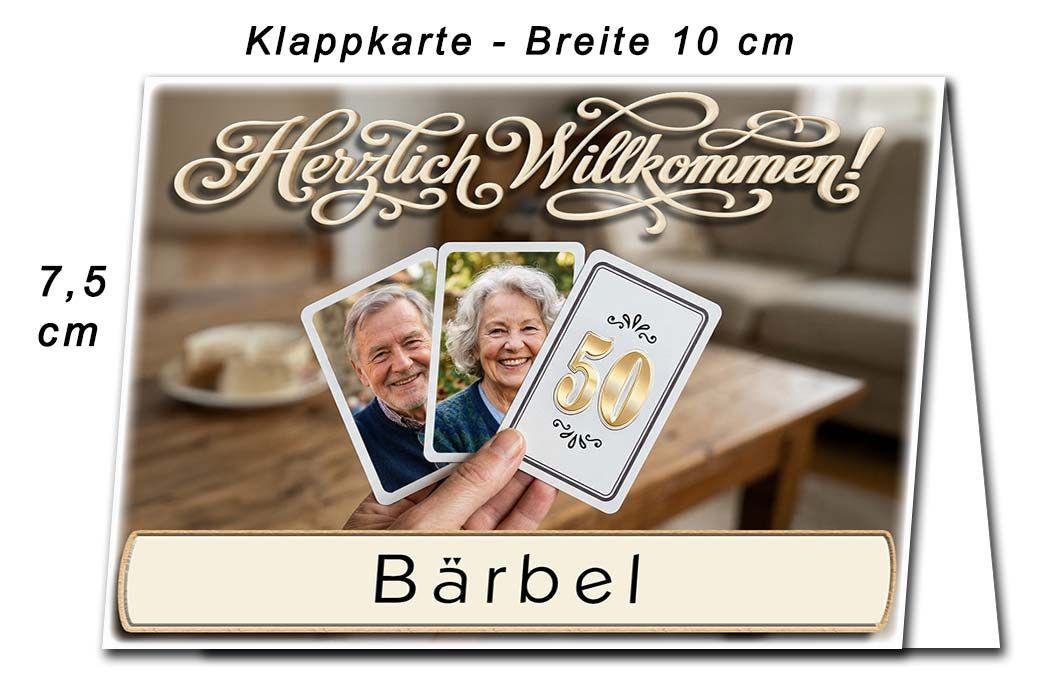 Die Tischkarte zur Goldenen Hochzeit als kleine Klappkarte mit 2 Ihrer Fotos auf Spielkarten