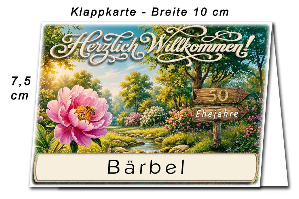 Die Tischkarte zur Goldenen Hochzeit als kleine Klappkarte mit der Biene in einer Blüte