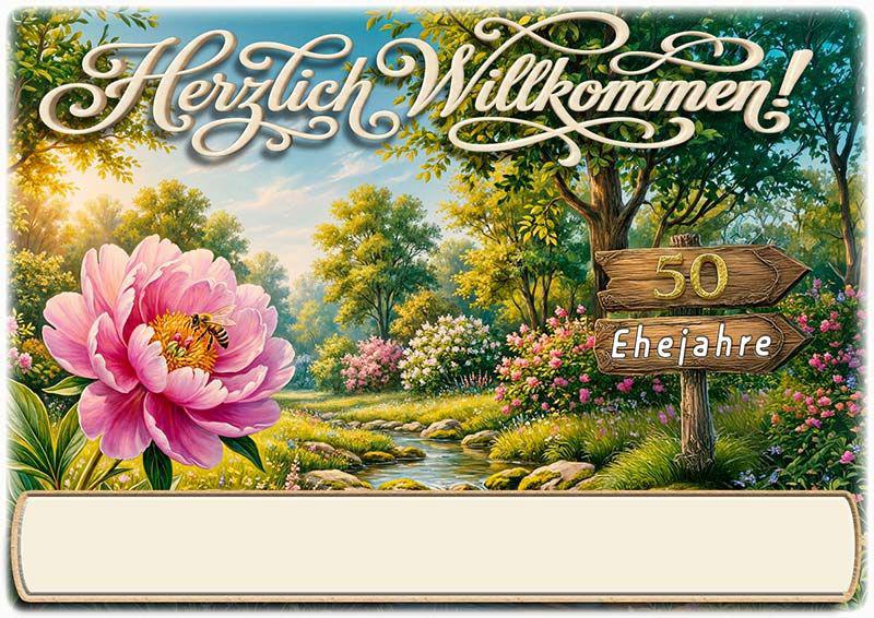Die Tischkarte zur Goldenen Hochzeit als kleine Klappkarte mit der Biene in einer Blüte