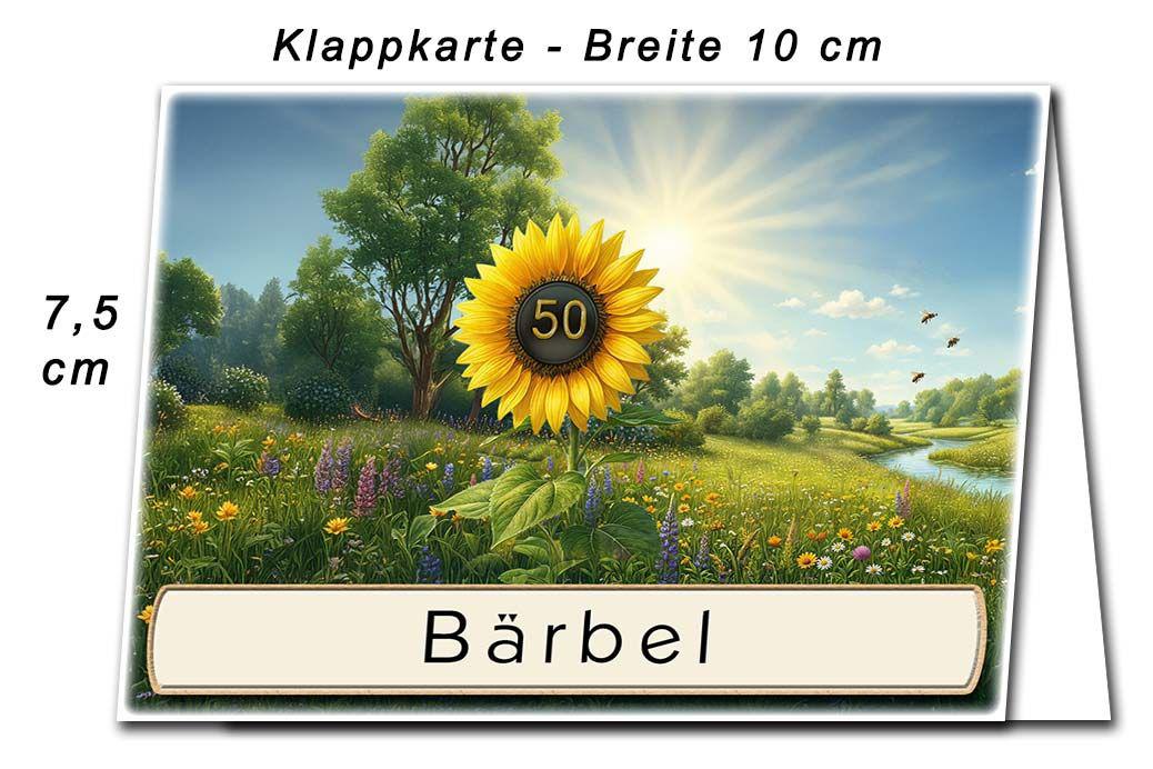 Die Tischkarte zur Goldenen Hochzeit als kleine Klappkarte mit der Zahl 50 in einer Sonnenblume