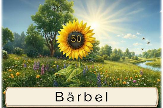 Die Tischkarte zur Goldenen Hochzeit als kleine Klappkarte mit der Zahl 50 in einer Sonnenblume