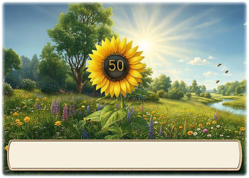 Die Tischkarte zur Goldenen Hochzeit als kleine Klappkarte mit der Zahl 50 in einer Sonnenblume
