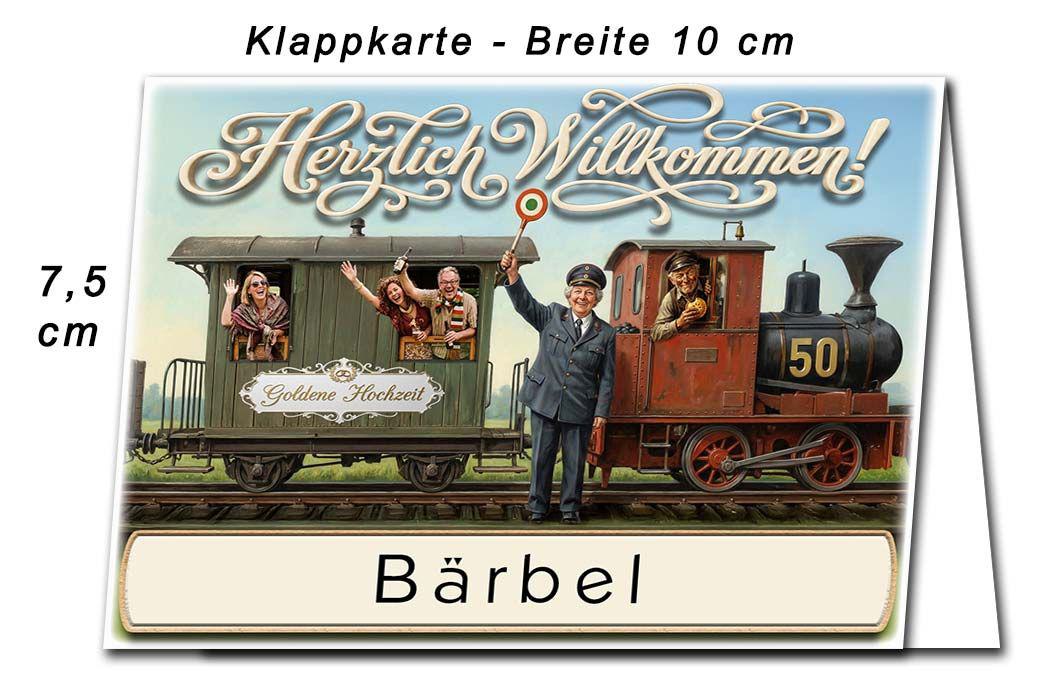 Die Tischkarte zur Goldenen Hochzeit als kleine Klappkarte mit dem lustigen Sonderzug