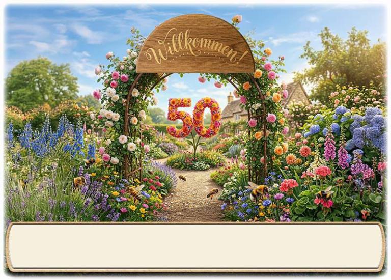 Die Tischkarte zur Goldenen Hochzeit als kleine Klappkarte mit der Zahl 50 in einem Rosenbogen