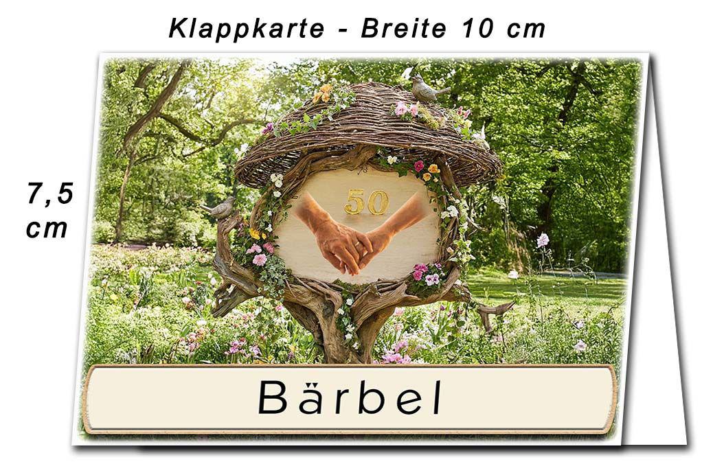 Die Tischkarte zur Goldenen Hochzeit als kleine Klappkarte mit dem Schild Hand in Hand