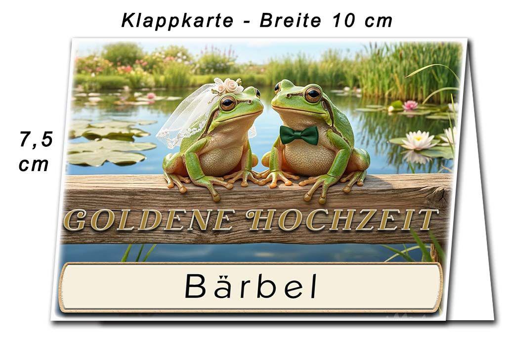 Die Tischkarte zur Goldenen Hochzeit als kleine Klappkarte mit dem lustigen Froschpaar