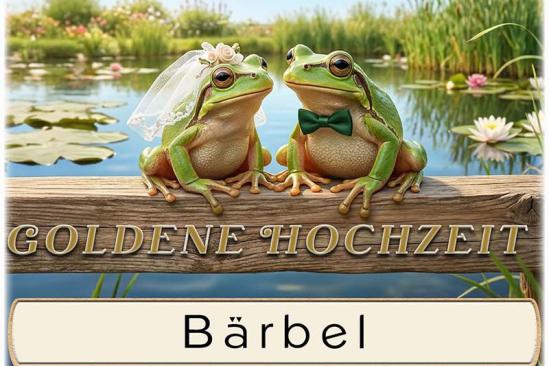 Die Tischkarte zur Goldenen Hochzeit als kleine Klappkarte mit dem lustigen Froschpaar