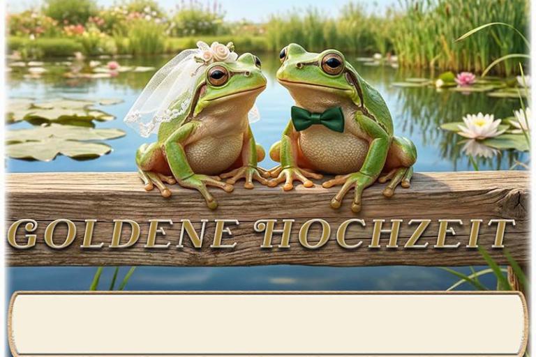 Die Tischkarte zur Goldenen Hochzeit als kleine Klappkarte mit dem lustigen Froschpaar