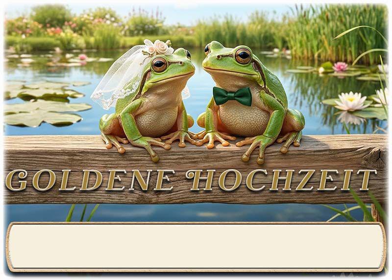 Die Tischkarte zur Goldenen Hochzeit als kleine Klappkarte mit dem lustigen Froschpaar