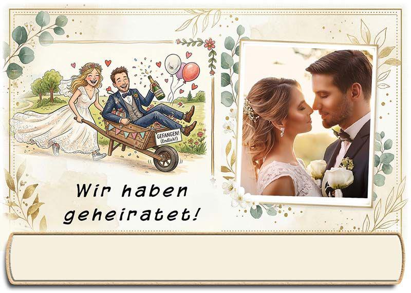 Die Tischkarte zur Hochzeitsfeier – Ihr Foto neben einem lustigen Bild – mit leerem Textfeld für den Namen des Gastes