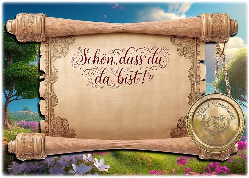 Die Tischkarte zur Hochzeitsfeier – die Schriftrolle Schön dass du da bist – mit leerem Textfeld für den Namen des Gastes