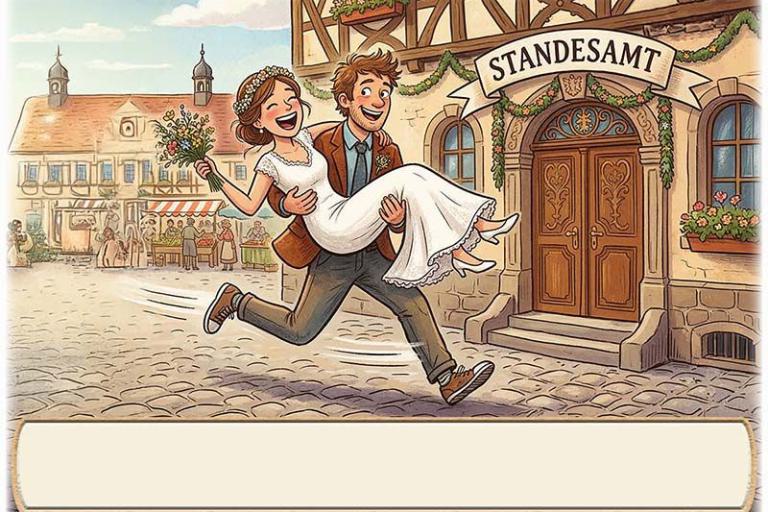 Die Tischkarte zur Hochzeitsfeier – das lustige Bild, Mann trägt Frau zum Standesamt – mit leerem Textfeld für den Namen des Gastes
