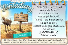 Die lustige Einladungskarte zur Jugendweihe mit dem Vogel Strauß