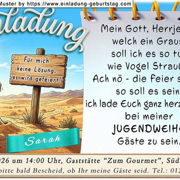 Die lustige Einladungskarte zur Jugendweihe mit dem Vogel Strauß