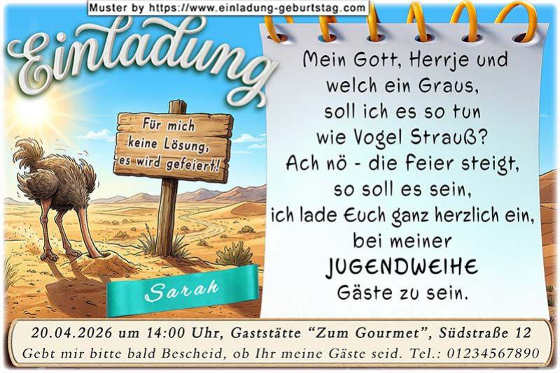 Die lustige Einladungskarte zur Jugendweihe mit dem Vogel Strauß