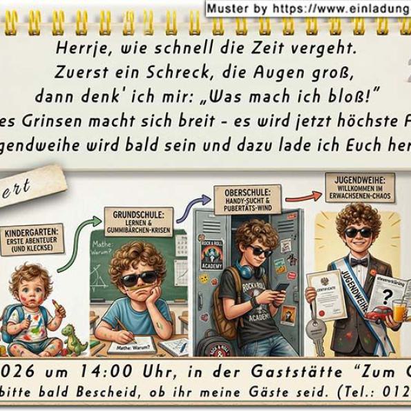 Die lustige Einladungskarte zur Jugendweihe mit dem Urteilsspruch