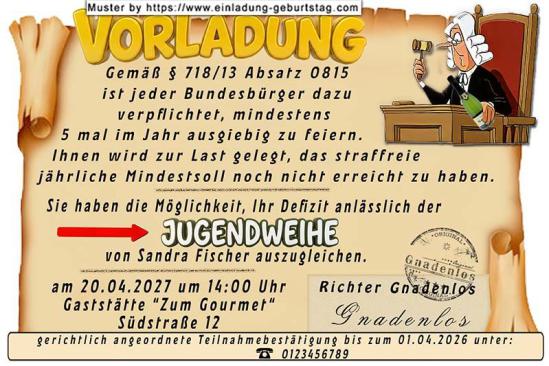 Die lustige Einladung zur Jugendweihe als Vorladung für deine Gäste von Richter Gnadenlos