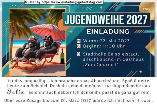 die lustige Einladung zur Jugendweihe mit 2 Gorillas im Liegestuhl