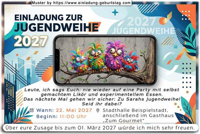 die lustige Einladung zur Jugendweihe mit den bunten Vögeln
