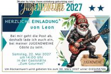Die lustige Einladung zur Jugendweihe mit dem kleinen Rocker, der für Stimmung sorgt.