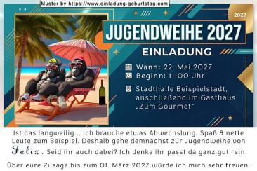 die lustige Einladung zur Jugendweihe mit 2 Gorillas im Liegestuhl