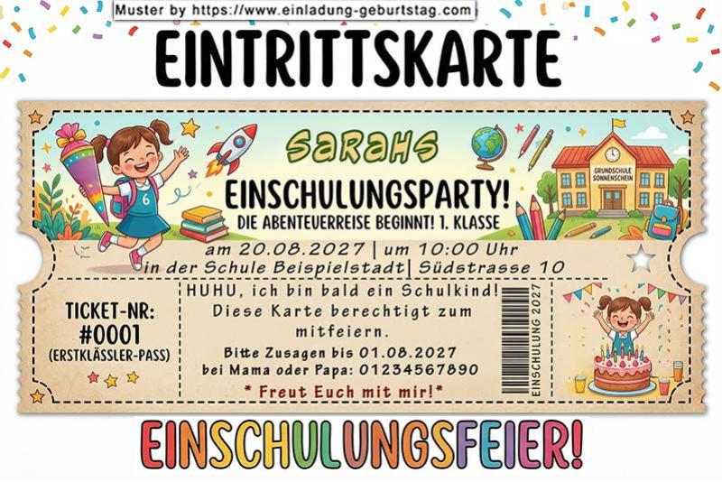 Die lustige ausgefallene Einladung zur Einschulung 2027 eines Mädchens als Eintrittskarte für die Gäste