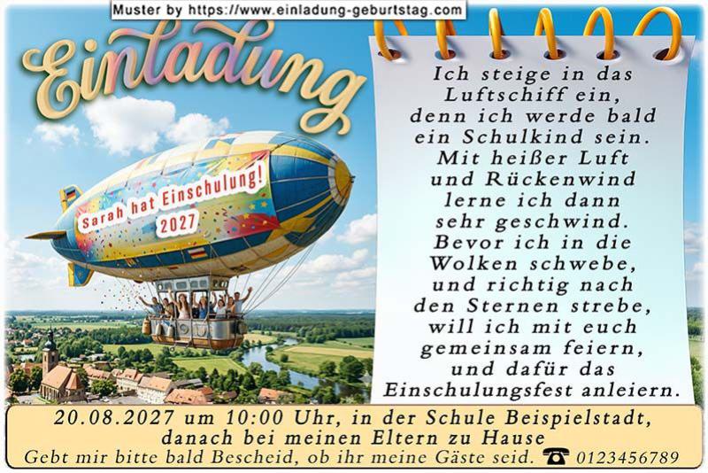 Die ausgefallene Einladung mit dem Luftschiff, das deutlich zeigt - Ihr Kind hat Einschulung