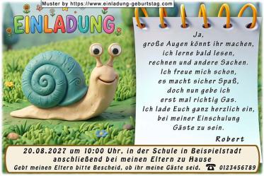 Die ausgefallene Einaldung zur Einschulung mit der Schnecke aus Knete mit großen Augen