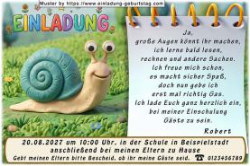 Die ausgefallene Einaldung zur Einschulung mit der Schnecke aus Knete mit großen Augen