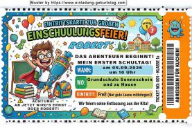 Die ausgefallene Einladung zur Einschulung - eine Eintrittskarte zur Einschulung für die Gäste von einem Jungen als zukünftiges Schulkind - die Abenteuerreise beginnt.