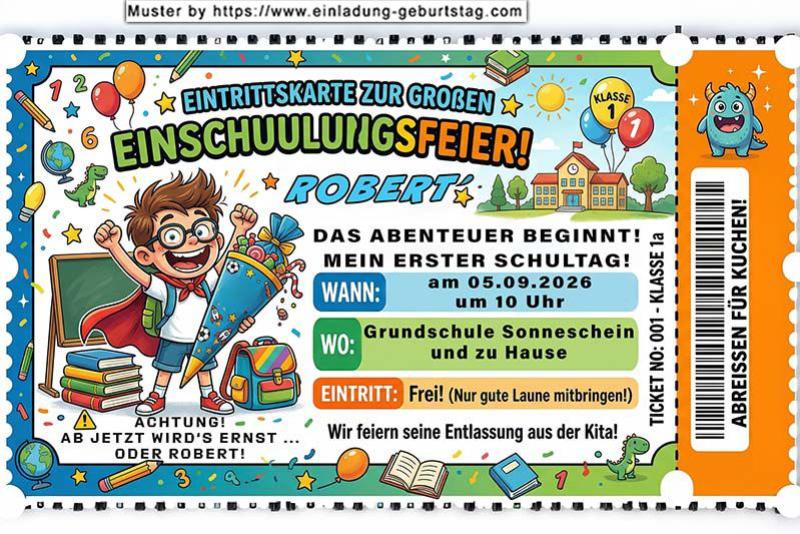 Die ausgefallene Einladung zur Einschulung - eine Eintrittskarte zur Einschulung für die Gäste von einem Jungen als zukünftiges Schulkind - die Abenteuerreise beginnt.