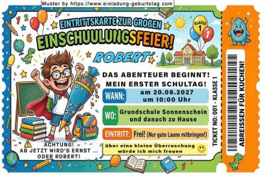 Die lustige ausgefallene Einladung zur Einschulung 2027 eines Jungen als Eintrittskarte für die Gäste
