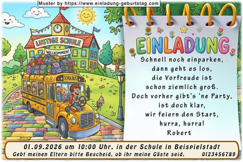 Die ausgefallene Einladung zur Einschulung - ein Kind sitzt vorn auf der Motorhaube und lenkt den Bus zur lustigen Schule.