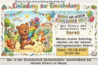 Die ausgefallene Einladung zur Einschulung mit den lustigen Tieren auf dem Weg zur Schule