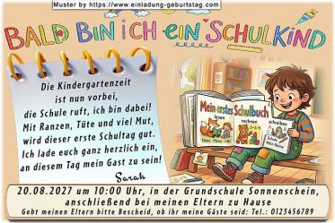 Die ausgefallene Einladung zur Einschulung mit dem Schulkind und seinen ersten Büchern