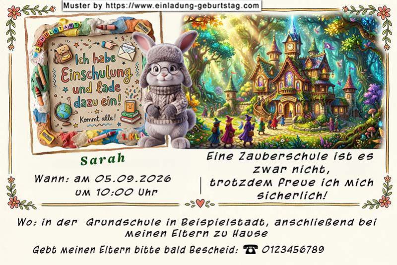 Die ausgefallene Einladung zur Einschulung - Ein lustiges Häschen neben dem Bild einer Zauberschule.