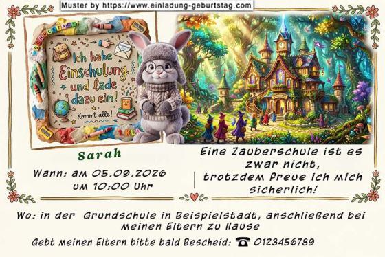 Die ausgefallene Einladung zur Einschulung - Ein lustiges Häschen neben dem Bild einer Zauberschule.