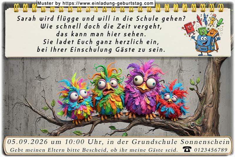 Die ausgefallene Einladung zur Einschulung - Einige lustige Vögel unterhalten sich: Ihr Kind wird nun flügge und möchte in die Schule gehen.