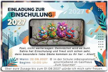 Die ausgefallene Einladung zur Einschulung mit den bunten Vögel, die einen Tipp für die Gäste haben