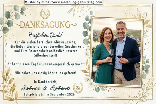 Die Danksagung zur Silberhochzeit - Ihr Foto wird leicht schräg gestellt von einer dekorativen Umrandung umgeben rechts in die Danksagungskarte eingesetzt.