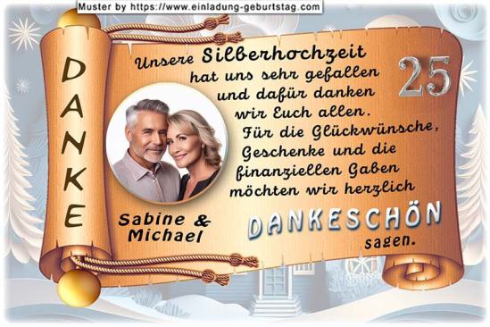 Die Danksagung zur Silberhochzeit - Ihr Foto wird rund ausgeschnitten, mit einer Kontur versehen und in eine originelle Schriftrolle mit leicht geschwungenem Text eingesetzt.