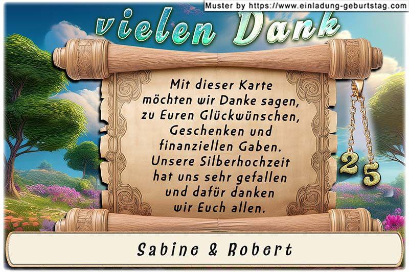 Die Danksagung zur Silberhochzeit - eine nostalgische Schriftrolle vor einer Landschaft mit Bäumen dient zur Aufnahme Ihres Danksagungstextes.