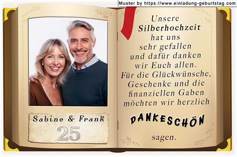 Die Danksagung zur Silberhochzeit - ein aufgeschlagenes Buch - in die linke Buchseite wird groß ein Foto von Ihnen eingesetzt. Darunter befinden sich Ihre Namen.